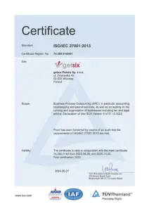 Certificate TÜV Rheinland ISO/IEC 27001:2013 getsix® Polska