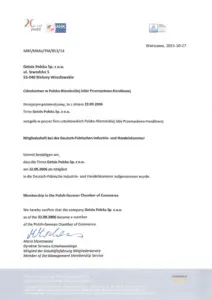 Certificate of Polish-German Industry and Trade Chamber Membership